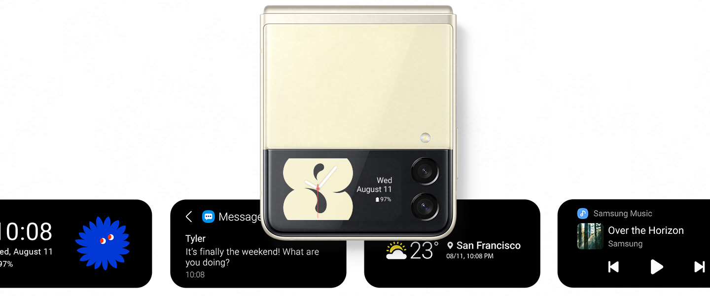 A cream 8 against a black background with analog watch hands. It pulls back into the shape of the Cover Screen on Galaxy Z Flip3 5G, and says Wed, August 11 and displays battery life at 97%. It settles into the Cover Screen, to demonstrate a display option. Other display options appear in the background, including a Messages notification from Tyler, the Weather in San Francisco and Samsung Music controls.