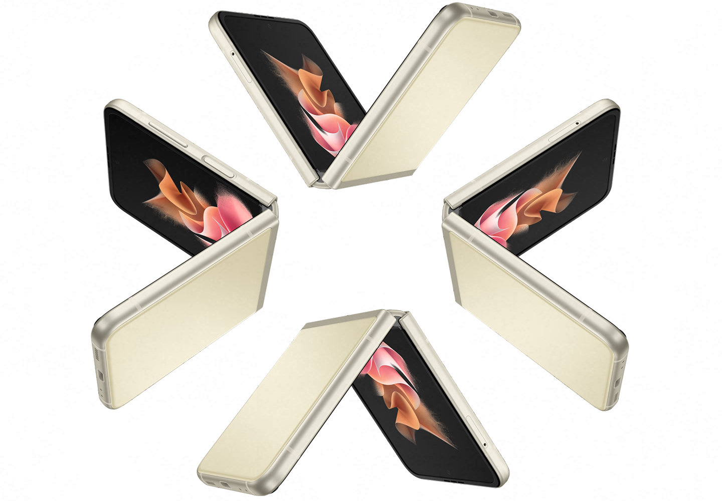 Four Galaxy Z Flip3 5G phones, all folded and seen from the side. Each phone begins to rotate and unfold, appearing to move as a kaleidoscope. One phone turns so the Front Cover is facing out, and moves away from the other three while it folds shut.