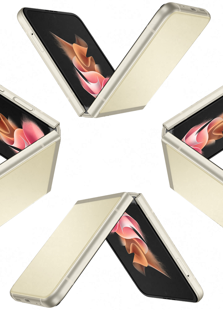 Four Galaxy Z Flip3 5G phones, all folded and seen from the side. Each phone begins to rotate and unfold, appearing to move as a kaleidoscope. One phone turns so the Front Cover is facing out, and moves away from the other three while it folds shut.