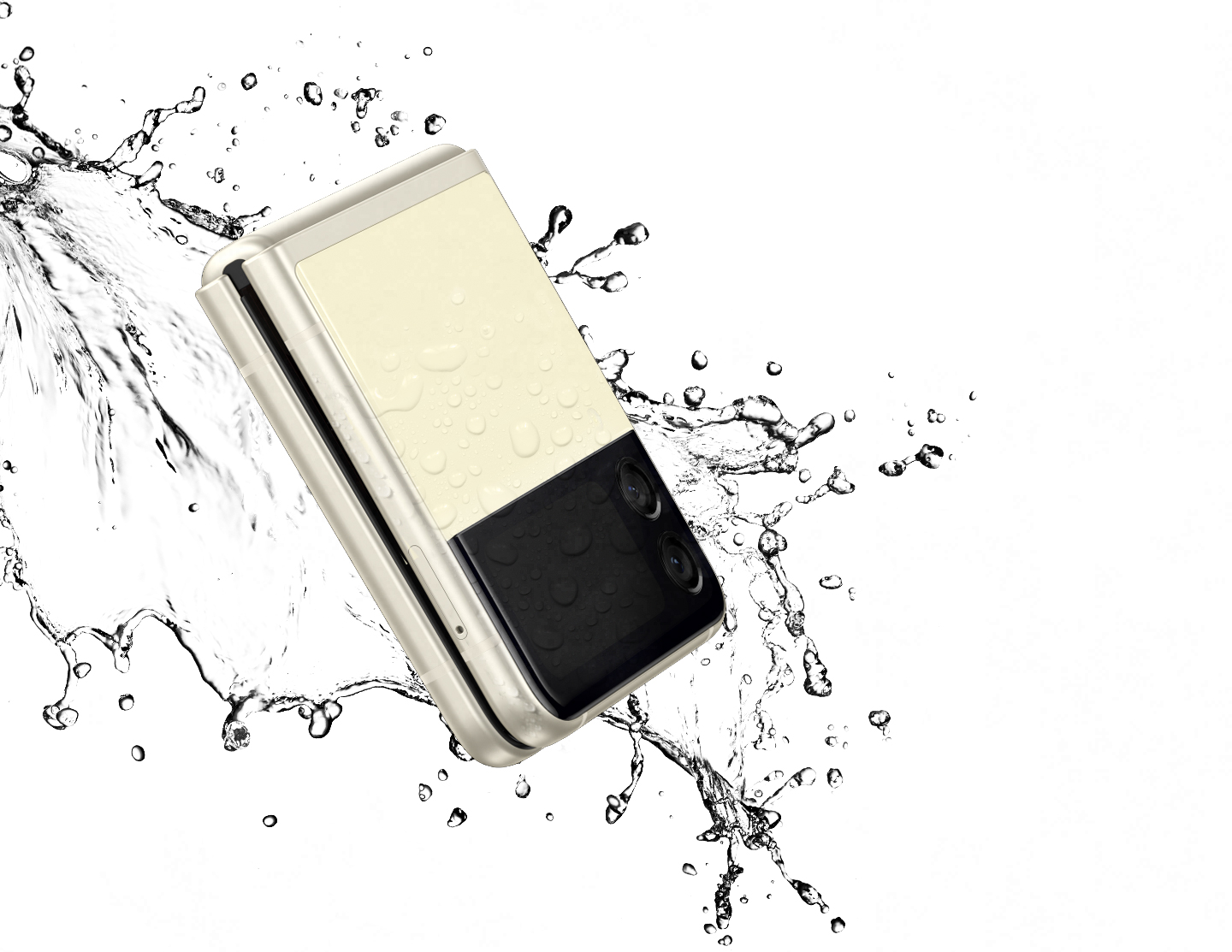 Galaxy Z Flip3 5G folded and seen from the Front Cover, surrounded by a splash of water.