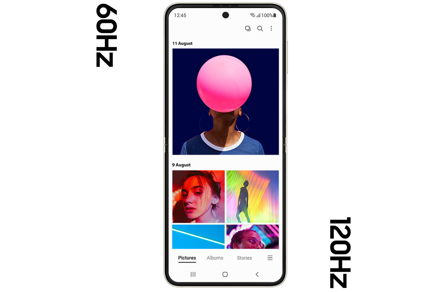 Galaxy Z Flip3 5G unfolded, showing the Gallery app onscreen, with several brightly colored photos onscreen. The screen is slightly blurry, demonstrating the lesser graphic quality of the 60Hz refresh rate. The screen changes to the 120Hz rate and the content onscreen is seen crisp and clear.