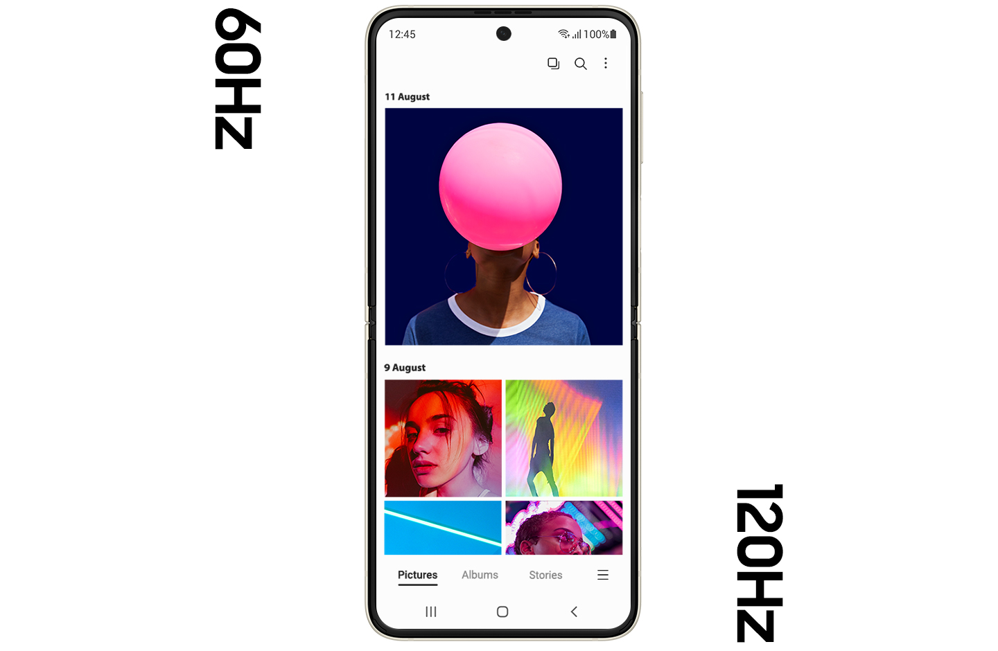 Galaxy Z Flip3 5G unfolded, showing the Gallery app onscreen, with several brightly colored photos onscreen. The screen is slightly blurry, demonstrating the lesser graphic quality of the 60Hz refresh rate. The screen changes to the 120Hz rate and the content onscreen is seen crisp and clear.