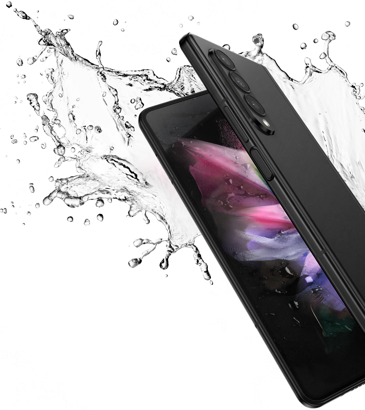 Galaxy Z Fold3 5G partially unfolded and seen from the open side, with a colorful wallpaper on the Main Screen. It is surrounded by a splash of water.