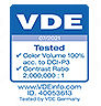 VDE logo. 07/2021 Tested Color Volume 100% acc. to DCI-PE. Contrast ratio 2,000,000 to 1. www dot VDE info dot com. ID 40053613 Tested by VDE Germany.