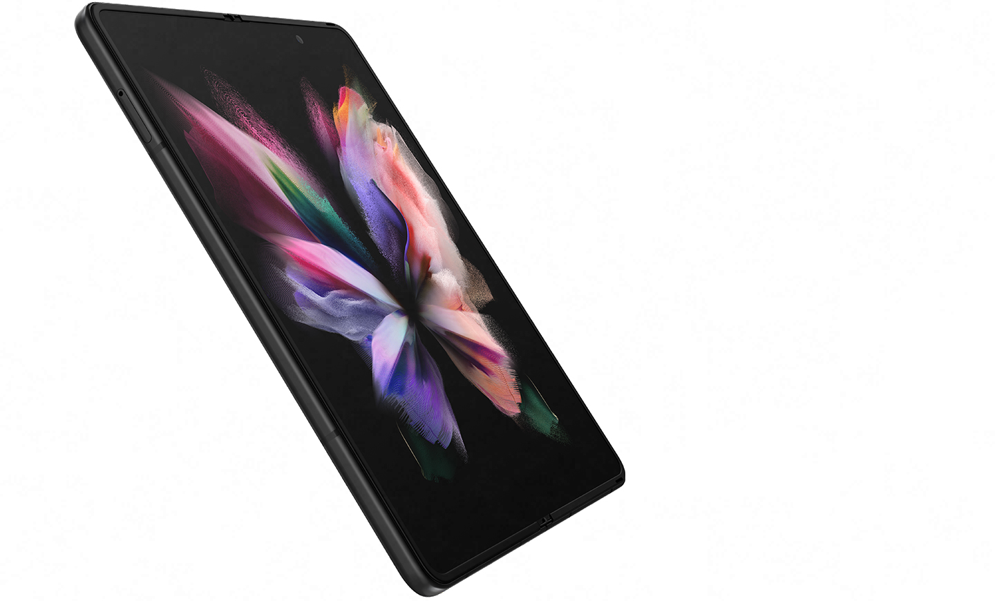 Unfolded Galaxy Z Fold3 5G seen at an angle with a colorful wallpaper on the Main Screen.