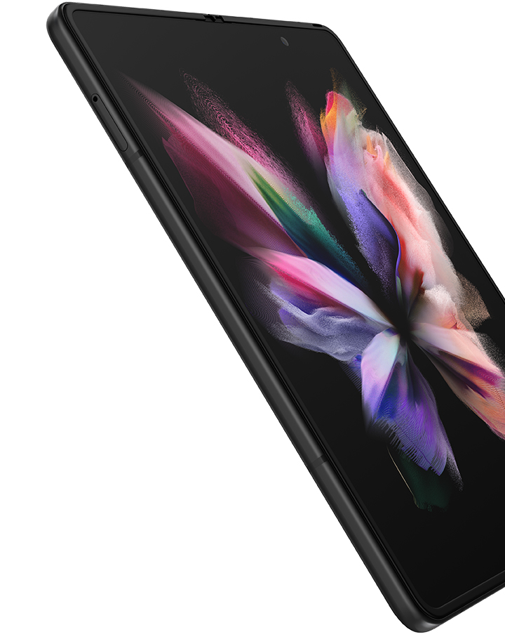 Unfolded Galaxy Z Fold3 5G seen at an angle with a colorful wallpaper on the Main Screen.