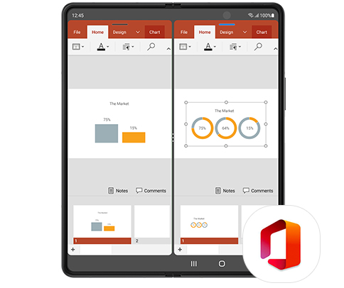 Galaxy Z Fold3 5G unfolded with two instances of PowerPoint on the Main Screen. One window has a bar graph and the other has circle graphs, to show how you can work on two documents at once with Multitasking. Microsoft Office logo.